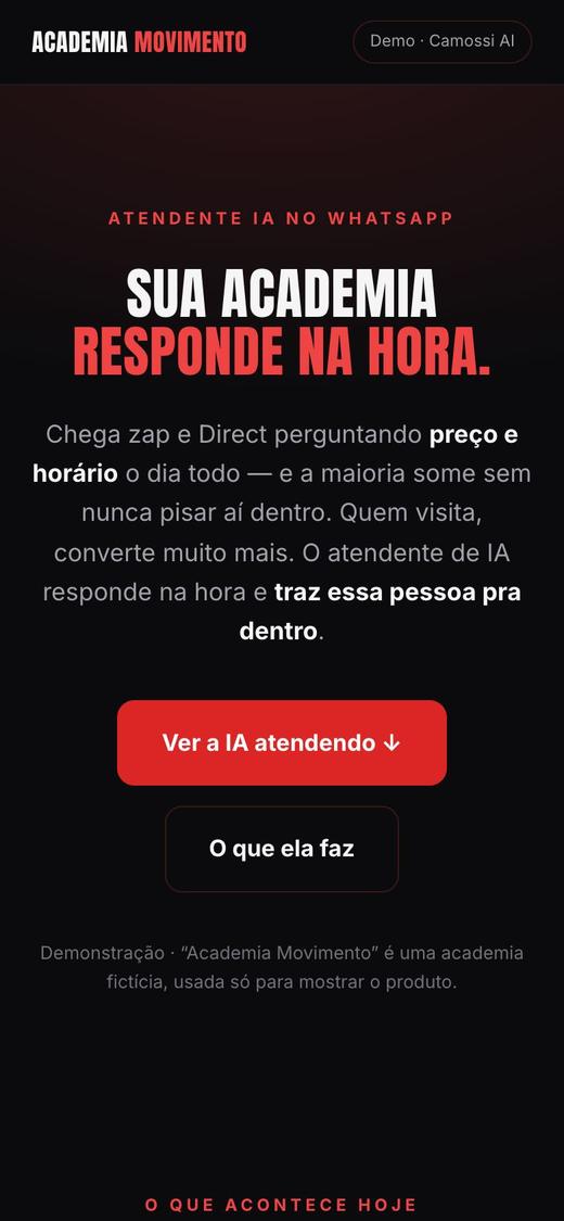Tela da demonstração do atendente de IA para academia