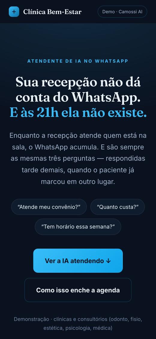 Tela da demonstração do atendente de IA para clínica
