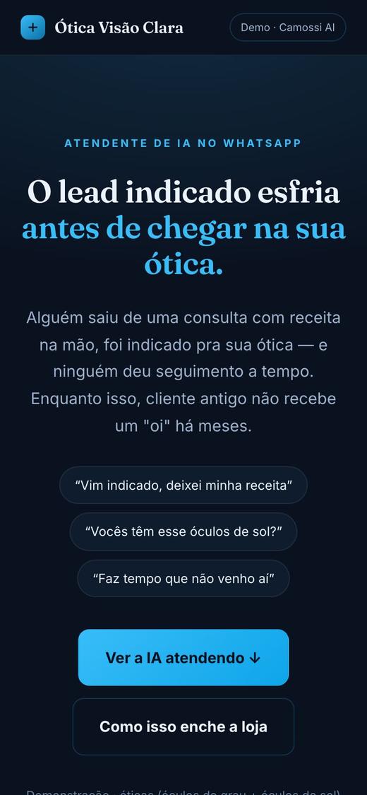 Tela da demonstração do atendente de IA para ótica